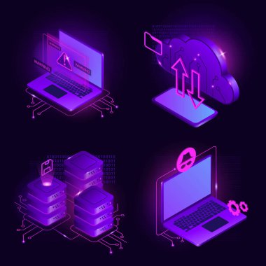 Siber Güvenlik Isometric Illustrations. Bulut Veri Depolama, Uyarı Konsepti, Bilgisayar, Casus