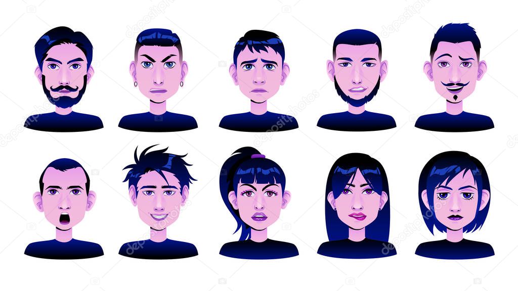 Avatar Set of Men and Women Faces with Emotional Expressions