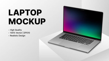 Beyaz Arkaplanda Basit Laptop Modeli. Sunum İçin Minimalist Bayrak Tasarımı