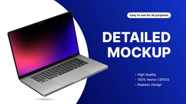 Dizüstü bilgisayar, Mavi Arkaplanda Dönüşümlü Konumda. Sunum için Gerçekçi Sancak Tasarımı