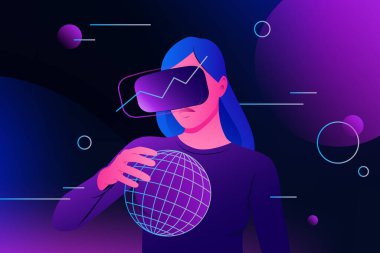 Yeni evren, alternatif gerçeklik. Metaverse Grafik Çizimi. Kendi Dünyasında Bir Kadın