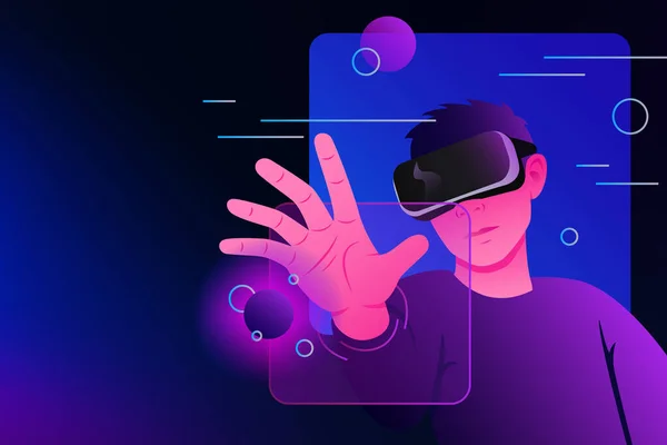 Metaverse Exploration. Realtà alternativa. Occhiali uomo in VR Illustrazione Web. — Vettoriale Stock