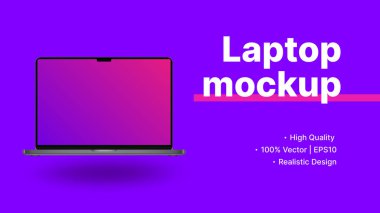 Laptop Reklam Sancağı. Boş Ekran Modeli ile Mini Bilgisayar Ön Görünümü. Asgari Mor Web Sitesi Tanıtımı