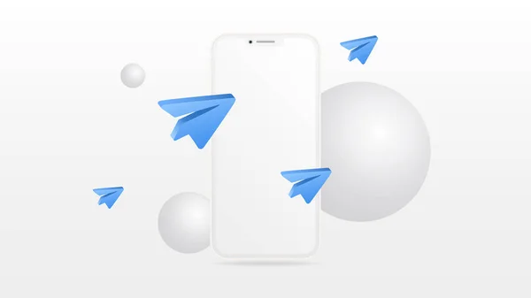 Mockup Smartphone branco com aviões de papel azul — Vetor de Stock