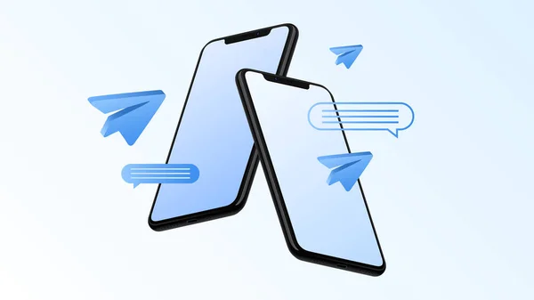Messagerie, SMS sur Smartphone. Maquette avec avion en papier — Image vectorielle