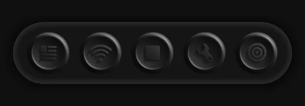 Dark Icon Set. Black Settings, Target, Documents, Wifi, Stop Buttons — Archivo Imágenes Vectoriales