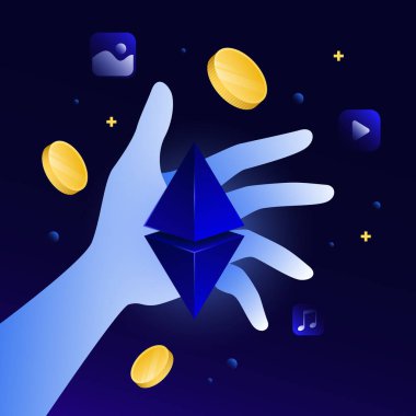 Yaratıcı Isometric Illustration. Dijital İçerik, Altın Paralar, Geometrik Şekiller, El 