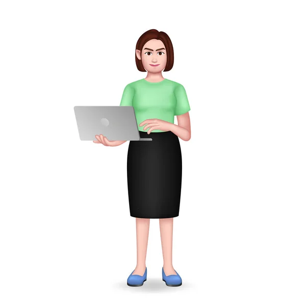 Девушка с короткими волосами с ноутбуком. 3D-полноразмерный персонаж — стоковый вектор