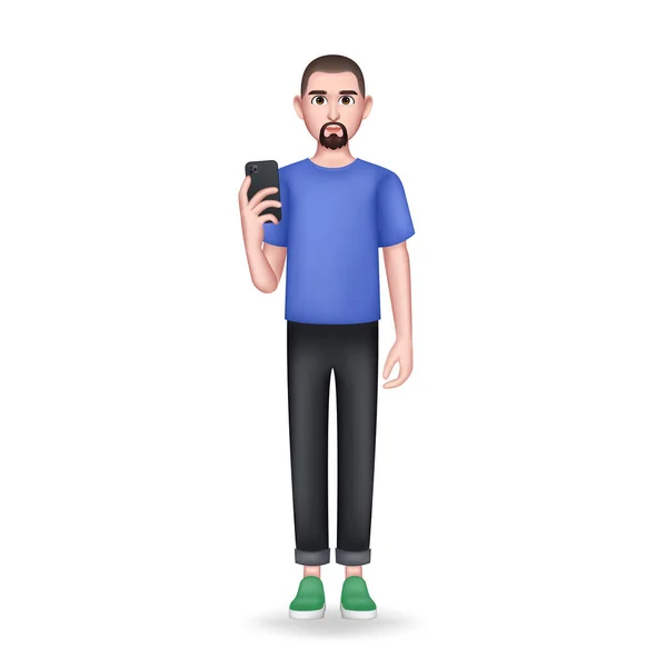3D Man Holding Phone. Isolierter Mensch in voller Länge — Stockvektor