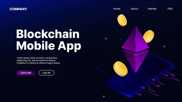 Blockchain Mobile App Werbung. Webseite Landing Page — Stockvektor
