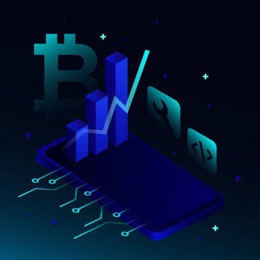 Soyut Kare Blokzinciri İllüstrasyonu. Gradyan arkaplanlı Smartphone 'da Sikkeler, Grafikler