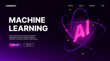 Makine Öğrenme. AI Web Banner, İniş sayfası şablonu. Vektör illüstrasyonu