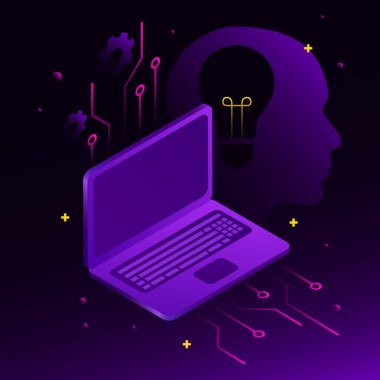 Grafik Laptop ve İnsan Profili Taslağı. Al Illustration. Vektör illüstrasyonu