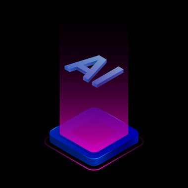 Pembe ışıkta 3 boyutlu yapay zeka simgesi. Siyah arka planda Isometric Element. Vektör illüstrasyonu