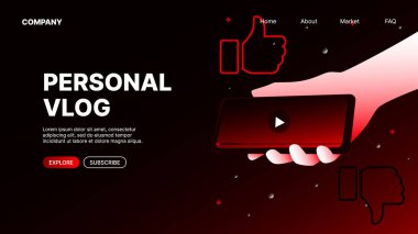 Kişisel Vlog için Web Sitesi Şablonu. İçerik Yapıcı için Kırmızı İniş Sayfası. Vektör illüstrasyonu