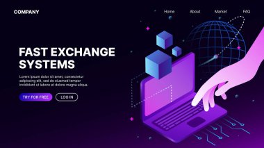 Hızlı Döviz Sistemleri Web Sitesi. Isometric İniş Sayfa Şablonu. Vektör illüstrasyonları
