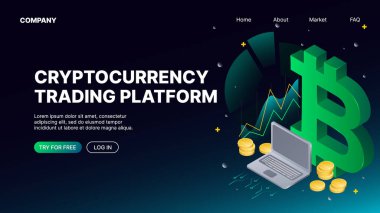 Kripto para ticareti platformu. İniş web sayfası şablonu. Vektör illüstrasyonu
