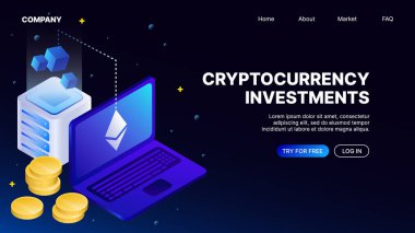Kripto para birimi yatırımları. Çevrimiçi Platform için İniş Sayfası Şablonu, Web Sitesi, Uygulama. Vektör illüstrasyonu