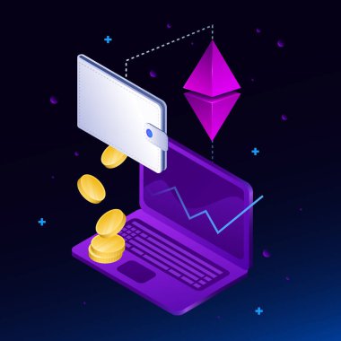 Kripto para cüzdanı illüstrasyonu. Isometric Grafik Elementler Bozuklukları, Laptop, Rhombus ve Cüzdan. Vektör illüstrasyonu