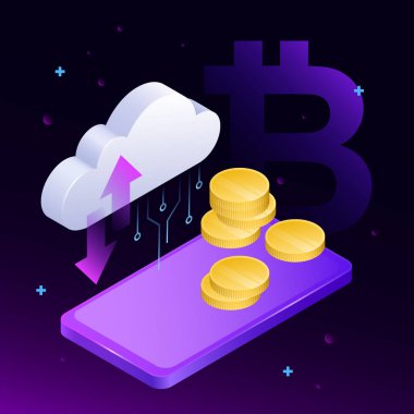 Veri Deposunu engelle. Bozuk paralı ve akıllı telefon resimli yaratıcı Kripto Bulutu. Vektör illüstrasyonu