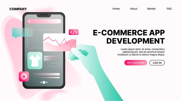 Commerce App Entwicklung Landing Page Template Vektorillustration — Stockvektor