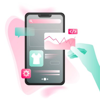 Çevrimiçi Alışveriş Resimleri. Pembe Akıllı Telefon Konsepti. - Evet. Vektör illüstrasyonu