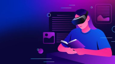 Metaverse 'de okuyorum. Sanal gerçeklikte okuyan kız. Vektör illüstrasyonu