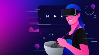 Cooking in Metaverse. Food Blog, Video Content in Virtual Reality. Vector illustration
