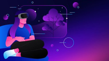 Sanal Gerçeklikteki Kadın. Grafik Metaverse Çizimi. Vektör illüstrasyonu