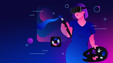 Metaverse 'de Ressam. Sanal Gerçeklik Sanat İllüstrasyonu. Vektör illüstrasyonu