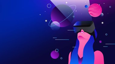 Metaverse 'te Uzayı İncelemek. Sanal Gerçeklik Gözlükleri Çizimi 'ndeki kız. Vektör illüstrasyonu