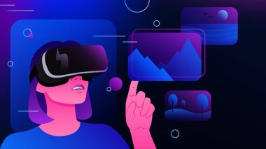 Woman Choosing Pictures in Metaverse. Graphic Virtual Reality Illustration. Vector illustration