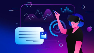 Working with documents and graphs in Metaverse. Virtual Reality Office Worker Graphic Illustration. Vector illustration