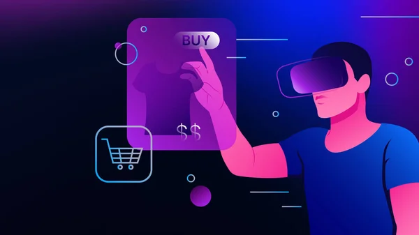 Online Shopping in Metaverse. Man in VR Goggles buying clothes Illustration. Vector illustration