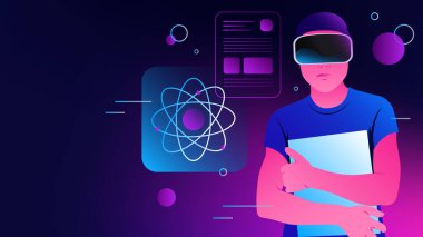 Science in Metaverse. Studying STEM in Virtual Reality Goggles. Vector illustration
