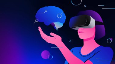 Neuroscience in Metaverse. Studying Brain in Virtual Reality Goggles. Vector illustration