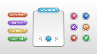 Oyun Menüsü Şablonu. Yeniden Başlat, Ayarlar, Oyun Arayüzüne Devam Et. Vektör illüstrasyonu