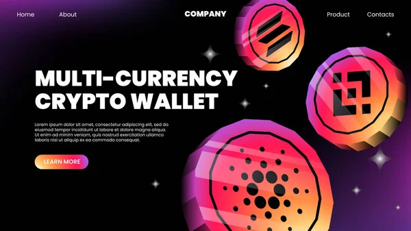 Multi Currency Crypto Wallet Banner Website Landing Page Template Vector — Stok Vektör