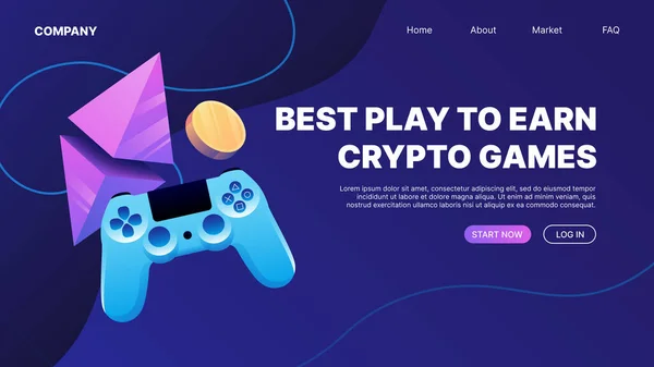 Play Earn Crypto Games Horizontal Web Banner Landing Page Illustration — Stockvektor