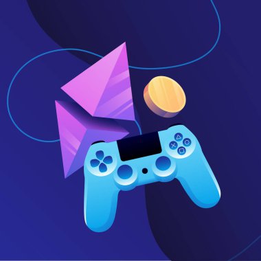Play to Earn Illustration. Joystick, Rhombus and Cryptocurrency Coins. Vector illustration
