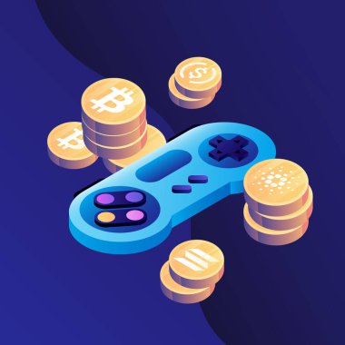 Play to Earn. Joystick and Cryptocurrency Coins Illustration. Vector illustration