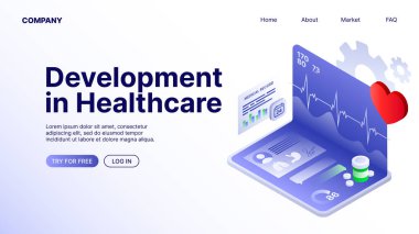 Development in HealthCare Banner. White Landing Page for Website. Vector illustration
