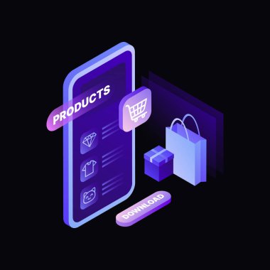 Tüm ihtiyaçlar tek bir uygulamada. Çevrimiçi Alışveriş Resimleri. Siyah Şablon. Vektör illüstrasyonu