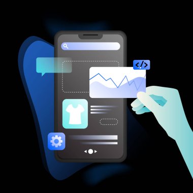 Çevrimiçi Alışveriş Resimleri. Akıllı telefon kavramı. Siyah Şablon. Vektör illüstrasyonu