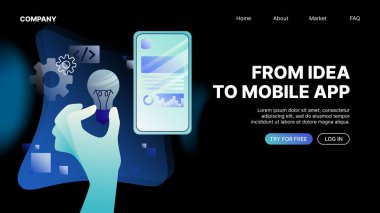Fikir 'den Mobil Uygulama Sancağına. Uygulama Geliştirme Web Sitesi İniş Sayfası. Vektör illüstrasyonu