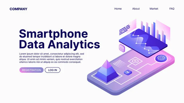 Smartphone Data Analytics Datenanalyse Landing Page Template Vektorillustration — Stockvektor