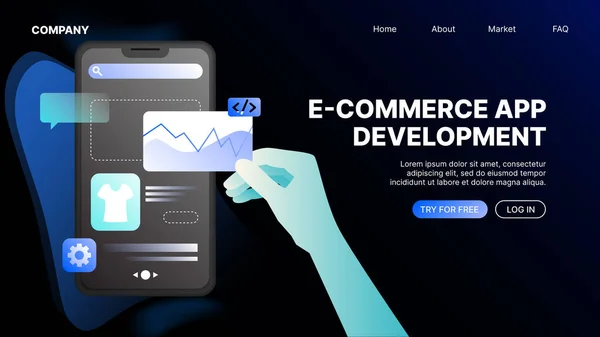Commerce App Entwicklung Landing Page Template Vektorillustration — Stockvektor