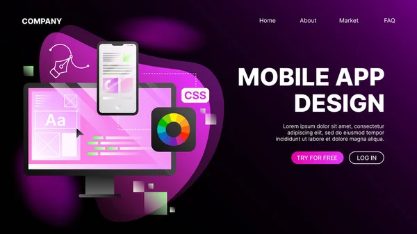 Mobile App Design Webseite Seite Horizontale Vorlage Vektorillustration — Stockvektor