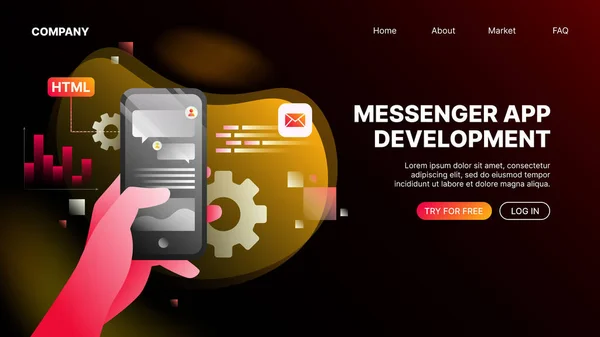 Messenger App Entwicklung Landing Webpage Template Vektorillustration — Stockvektor