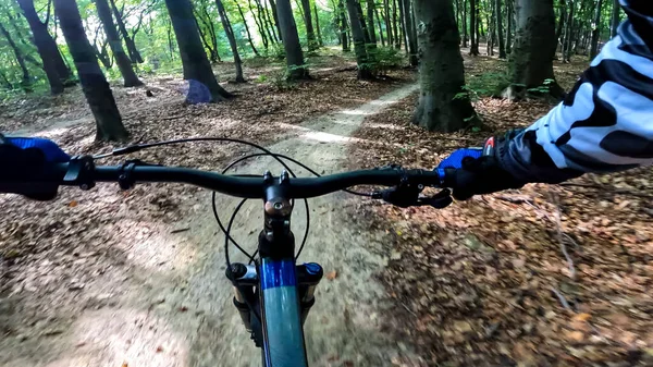 Paseo Bicicleta Enduro Por Los Senderos Del Bosque — Foto de Stock